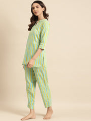 Womens light Green Striped Night Suit