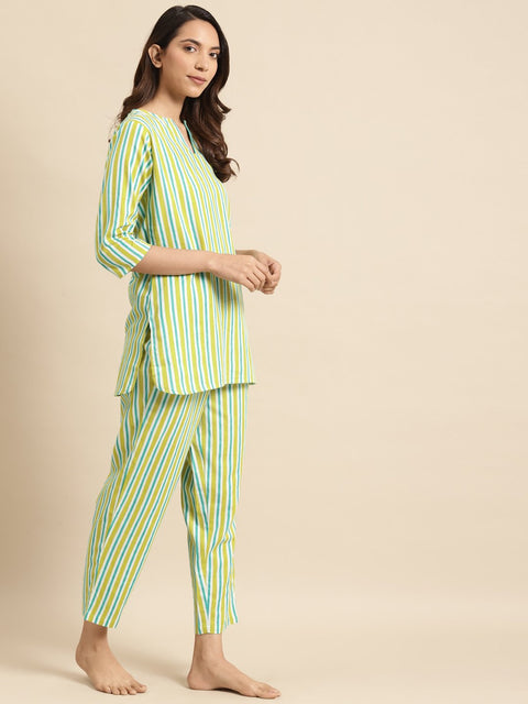 Womens light Green Striped Night Suit