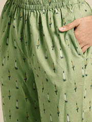 Womens Olive Green Ikat printed Night Suit