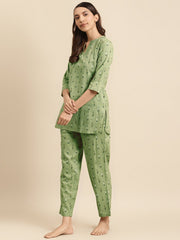 Womens Olive Green Ikat printed Night Suit