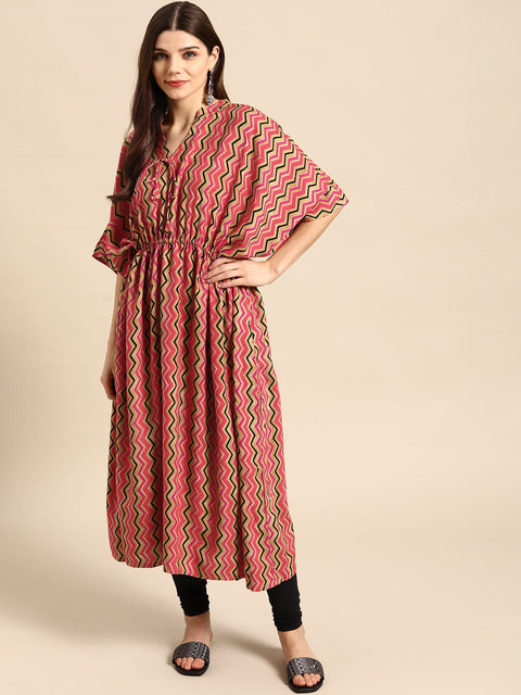 Women Beige Multi Colour Zig-Zac Printed Kaftan With Tie-Ups