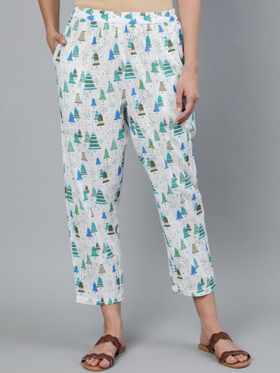 Women Off White Printed Trouser
