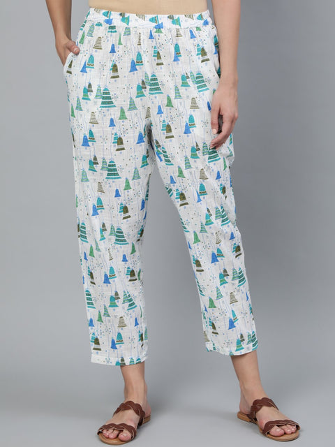 Women Off White Printed Trouser