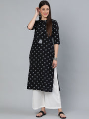 Women Black Floral Printed Straight Kurta with Three Quarter Sleeves