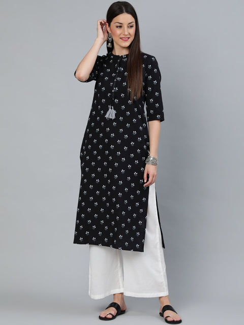 Women Black Floral Printed Straight Kurta with Three Quarter Sleeves