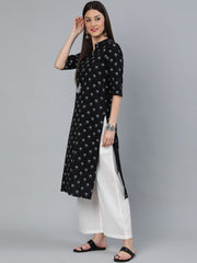 Women Black Floral Printed Straight Kurta with Three Quarter Sleeves