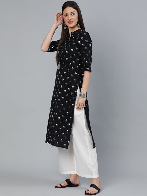 Women Black Floral Printed Straight Kurta with Three Quarter Sleeves