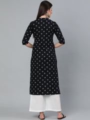 Women Black Floral Printed Straight Kurta with Three Quarter Sleeves