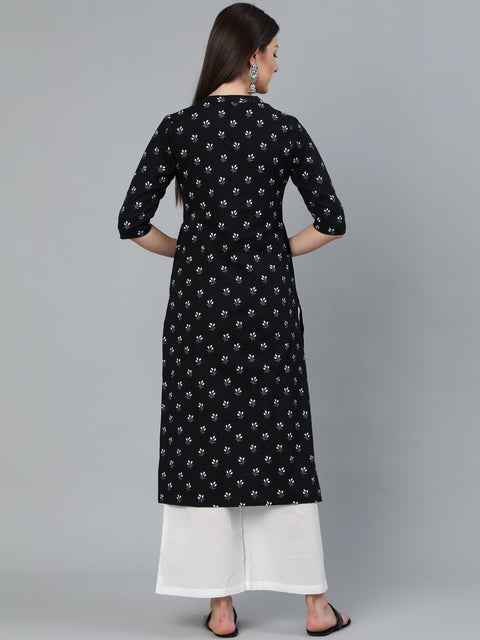 Women Black Floral Printed Straight Kurta with Three Quarter Sleeves