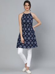 Women Navy Blue Bandhani Printed Halter Neck Short kurti