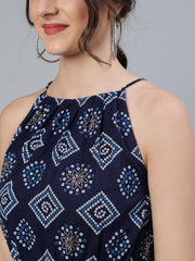 Women Navy Blue Bandhani Printed Halter Neck Short kurti