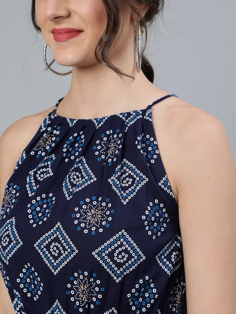 Women Navy Blue Bandhani Printed Halter Neck Short kurti