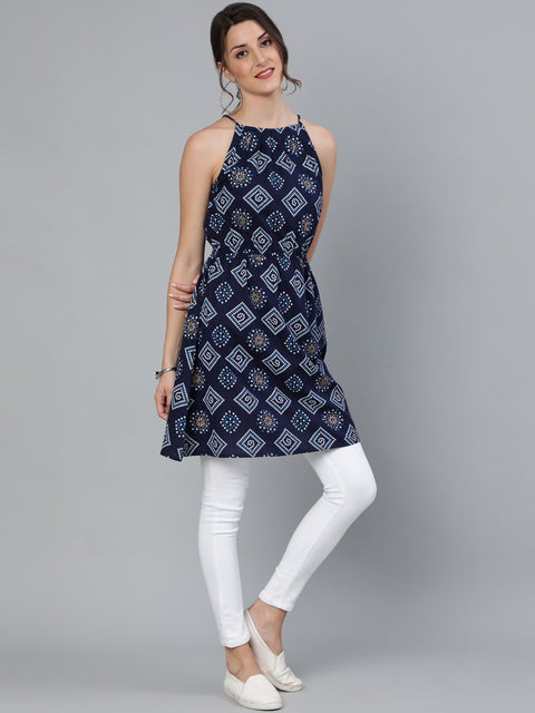 Women Navy Blue Bandhani Printed Halter Neck Short kurti