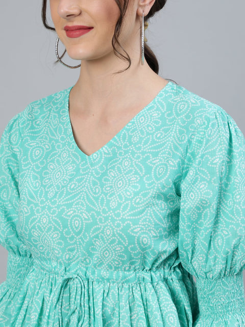 Women Sea Green & Off White Bandhani Printed Top with Three Quarter Sleeves