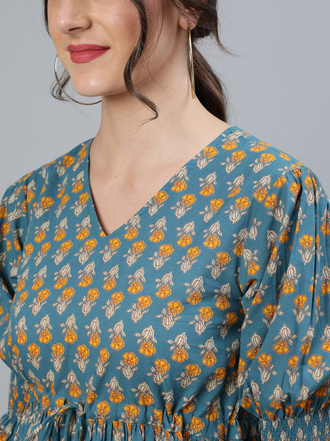 Women Teal Blue & Yellow printed Top With V neck & Three Quarter Sleeves