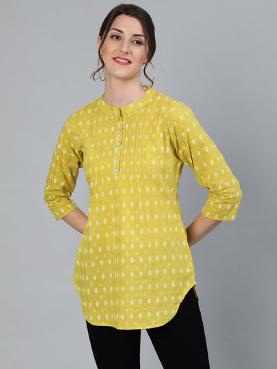 Women Green Printed Tunic With Mandarin Collar & Three Quarter sleeves