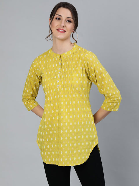Women Green Printed Tunic With Mandarin Collar & Three Quarter sleeves