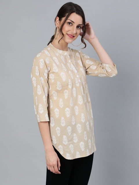 Women Beige & White Printed Tunic With Mandarin Collar & Three Quarter sleeves