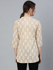 Women Beige & White Printed Tunic With Mandarin Collar & Three Quarter sleeves