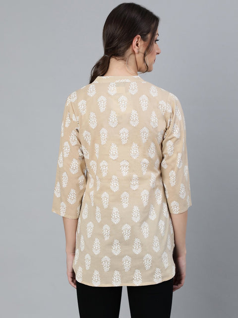 Women Beige & White Printed Tunic With Mandarin Collar & Three Quarter sleeves