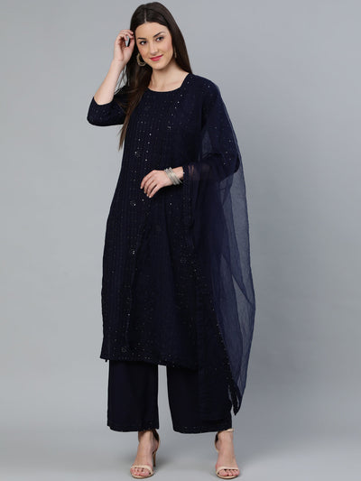 Women Navy Blue Sequence Embroidered Straight Kurta Plazzo With Net Dupatta