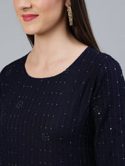 Women Navy Blue Sequence Embroidered Straight Kurta Plazzo With Net Dupatta