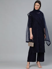 Women Navy Blue Sequence Embroidered Straight Kurta Plazzo With Net Dupatta