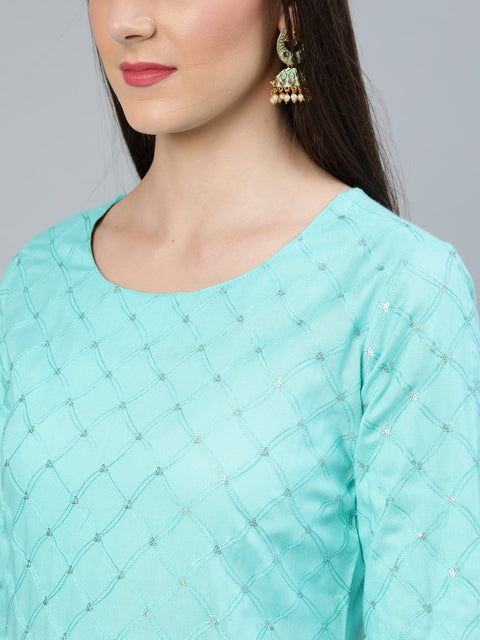 Women Turquoise Blue Sequence Embroidered Straight Kurta Plazzo With Net Dupatta