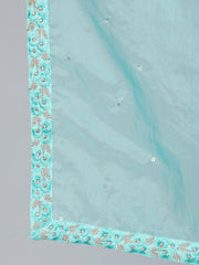 Women Turquoise Blue Sequence Embroidered Straight Kurta Plazzo With Net Dupatta