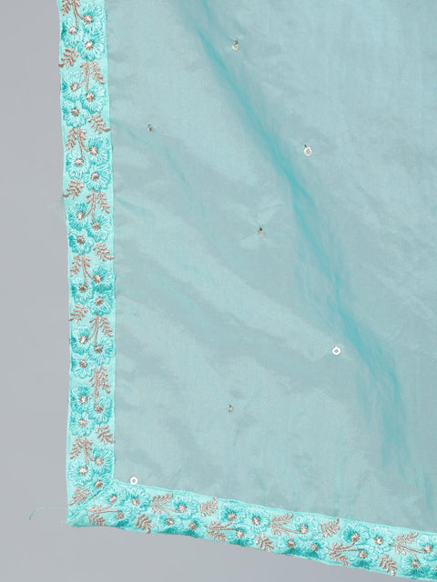 Women Turquoise Blue Sequence Embroidered Straight Kurta Plazzo With Net Dupatta