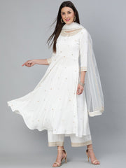 Women Off-White Gold Embroidered Flared Kurta Plazzo With Net Dupatta