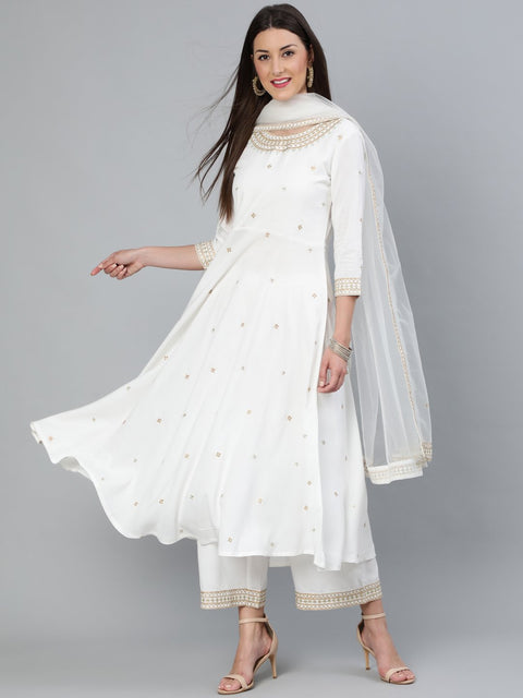 Women Off-White Gold Embroidered Flared Kurta Plazzo With Net Dupatta
