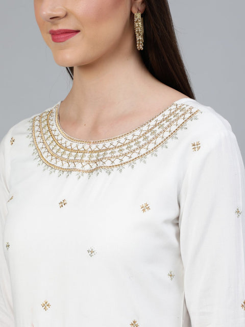 Women Off-White Gold Embroidered Flared Kurta Plazzo With Net Dupatta
