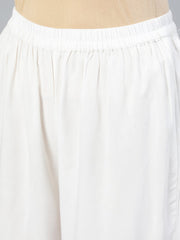 Women Off-White Gold Embroidered Flared Kurta Plazzo With Net Dupatta