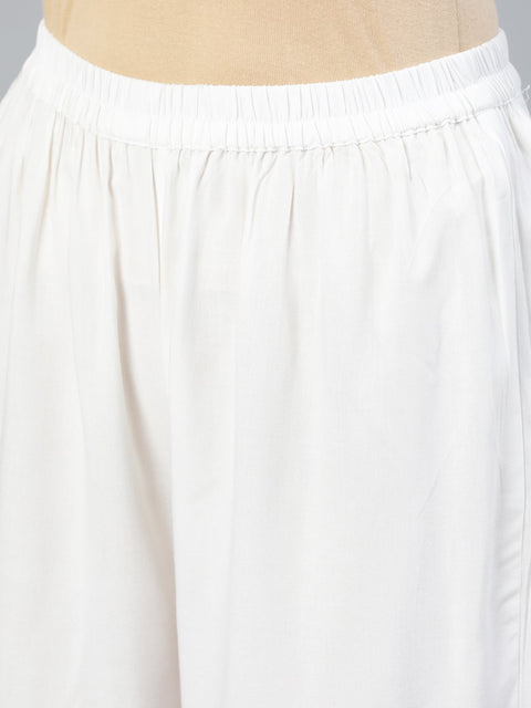 Women Off-White Gold Embroidered Flared Kurta Plazzo With Net Dupatta