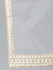 Women Off-White Gold Embroidered Flared Kurta Plazzo With Net Dupatta