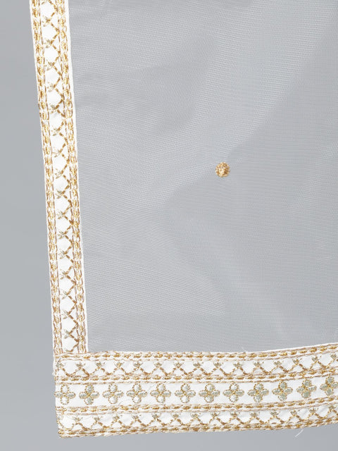 Women Off-White Gold Embroidered Flared Kurta Plazzo With Net Dupatta