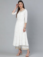 Women Off-White Gold Embroidered Flared Kurta Plazzo With Net Dupatta