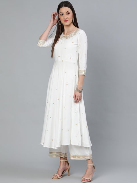 Women Off-White Gold Embroidered Flared Kurta Plazzo With Net Dupatta