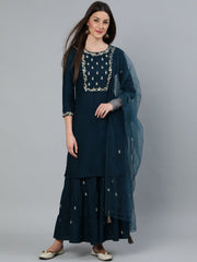 Women Teal Blue Gold Embroidered Straight Kurta With Tired Sharara & Organza Dupatta