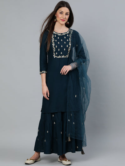 Women Teal Blue Gold Embroidered Straight Kurta With Tired Sharara & Organza Dupatta