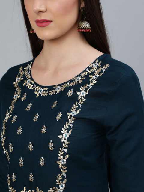 Women Teal Blue Gold Embroidered Straight Kurta With Tired Sharara & Organza Dupatta