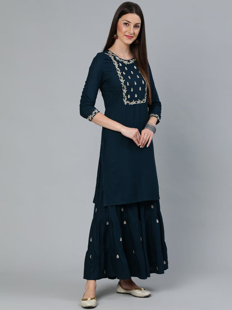 Women Teal Blue Gold Embroidered Straight Kurta With Tired Sharara & Organza Dupatta