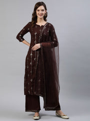 Women Dark Brown Sequence Straight Kurta Plazzo & Net Dupatta