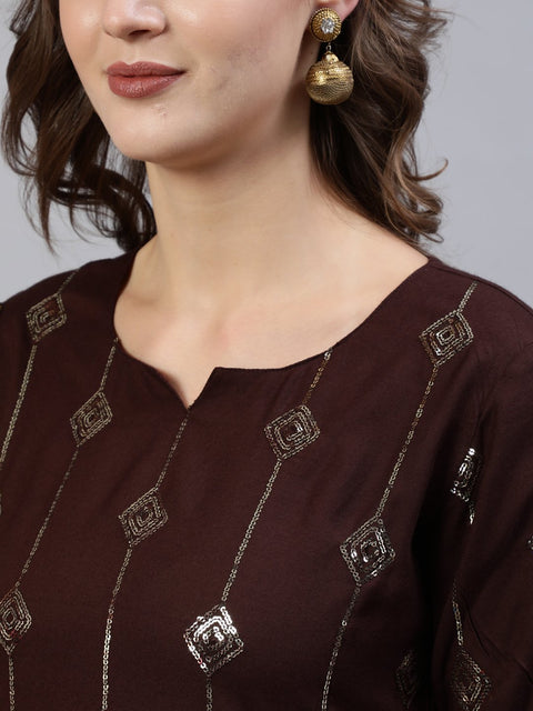 Women Dark Brown Sequence Straight Kurta Plazzo & Net Dupatta
