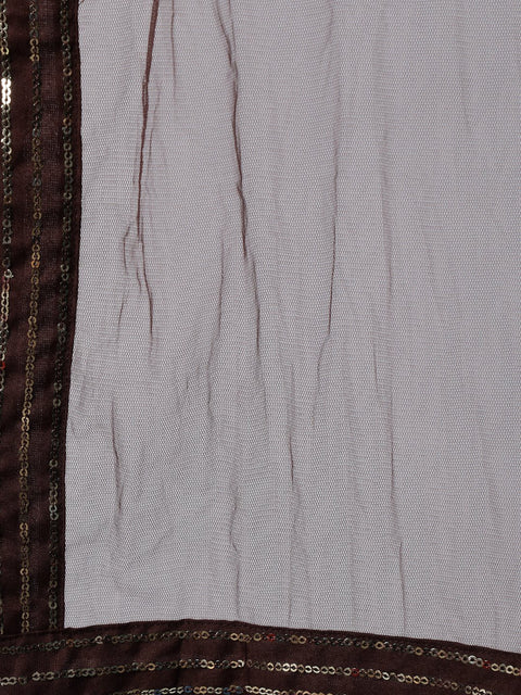 Women Dark Brown Sequence Straight Kurta Plazzo & Net Dupatta