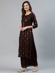 Women Dark Brown Sequence Straight Kurta Plazzo & Net Dupatta