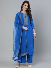 Women Teal Blue Sequence Embroidered Straight Kurta Plazzo & Net Dupatta