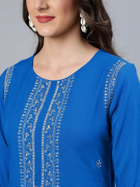 Women Teal Blue Sequence Embroidered Straight Kurta Plazzo & Net Dupatta