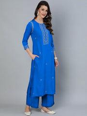 Women Teal Blue Sequence Embroidered Straight Kurta Plazzo & Net Dupatta